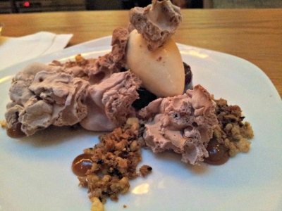 Dessert: 70% Chocolate ganache, banana ice cream, sesame crumble, Pedro Ximenez, chocolate coral